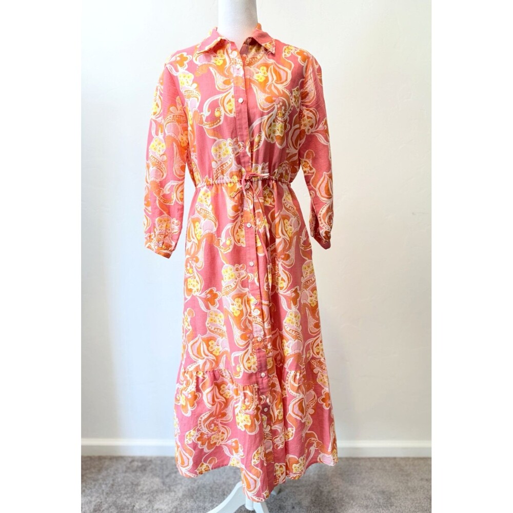 J.McLaughlin Women's Shirt Dress XS Pink Orange Abstract Print Midi Maxi